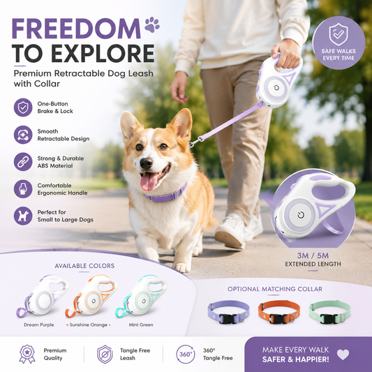 GlowWalk™ Premium Retractable Dog Leash with LED Spotlight & Adjustable Collar
