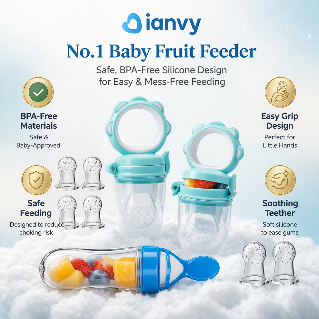 ianvy baby fruit feeder with features highlighted on a light blue background