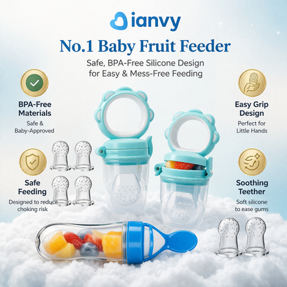 ianvy baby fruit feeder with features highlighted on a light blue background